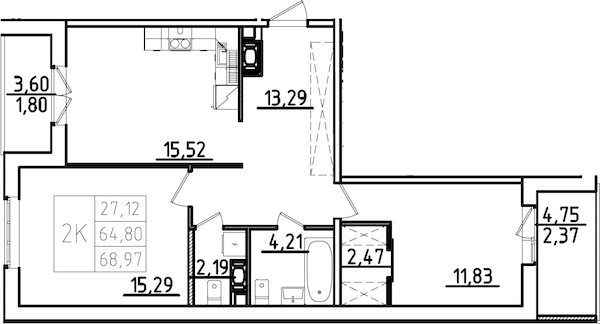 2-комнатная квартира 73.14 м², 6/9 эт., ЖК «IQ Гатчина 3»